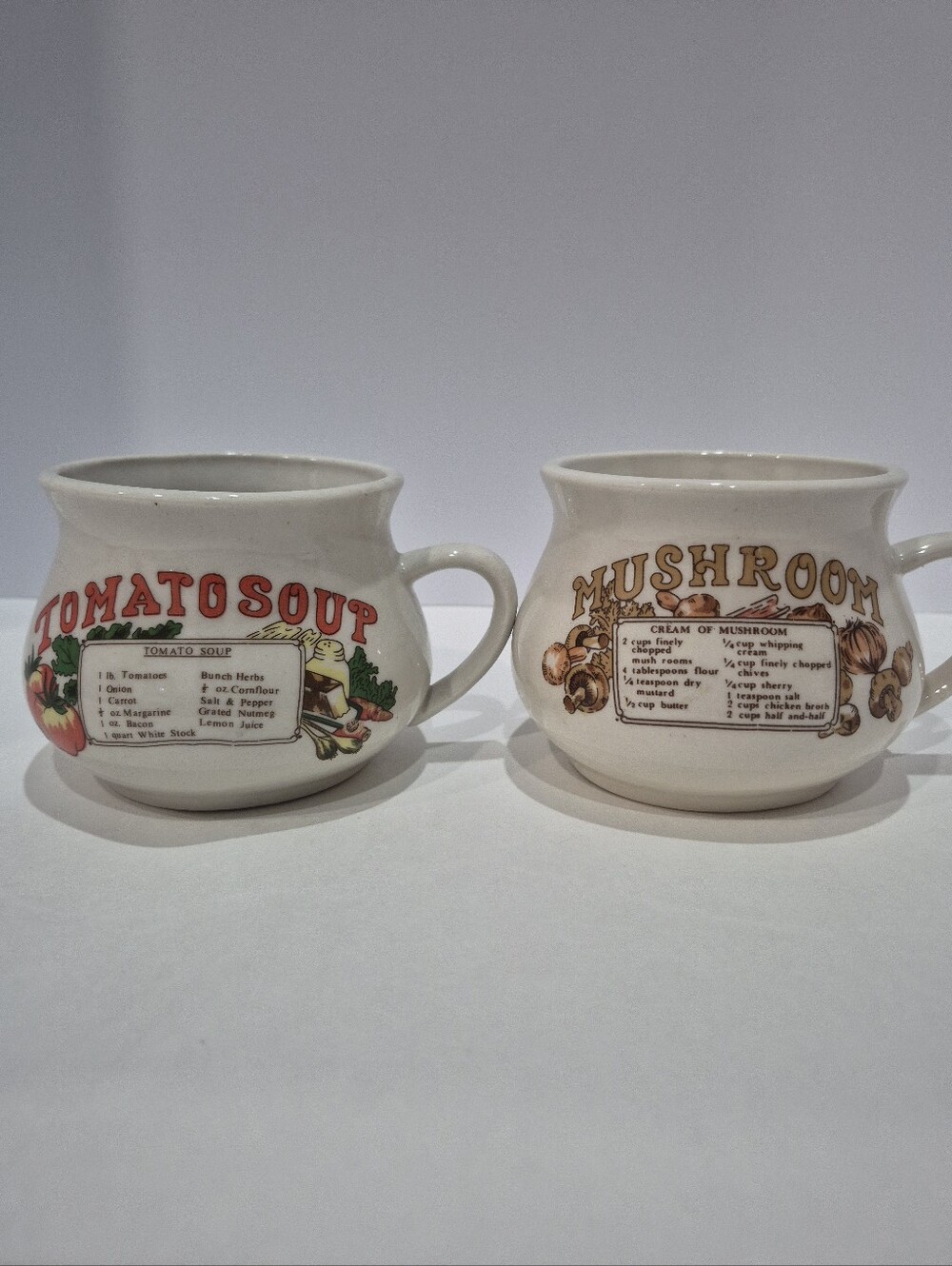 Vintage 70's Soup Recipe Mushroom & Tomato Soup Cups Set Of 2